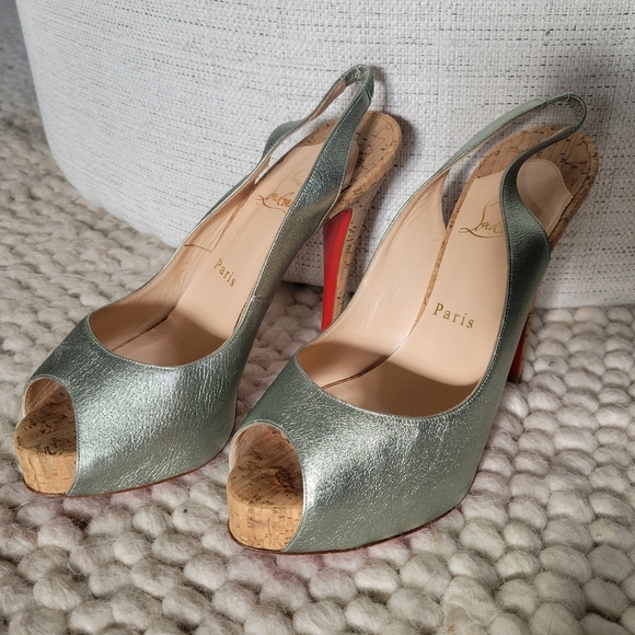 Christian Louboutin SO PRIVE Metallic Silver Leather Cork Platform Shoes 38 - Picture 1 of 11